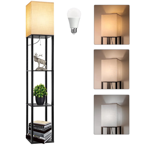 63" Shelf Floor Lamps with Shelves for Living Room Bedroom Office Wood Modern Standing Lamps Black