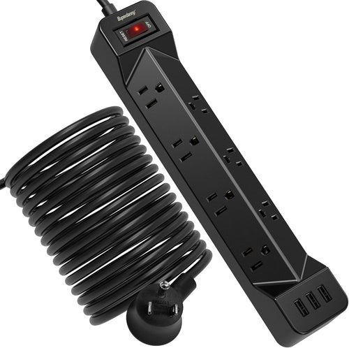 16.5FT Power Strip Surge Protector Flat Plug with USB, 7 Wide Spaced Outlets 3 USB Ports Mountable Extension Cord Charging Station, Overload Protection for Home Office Hotel Dorm, Black