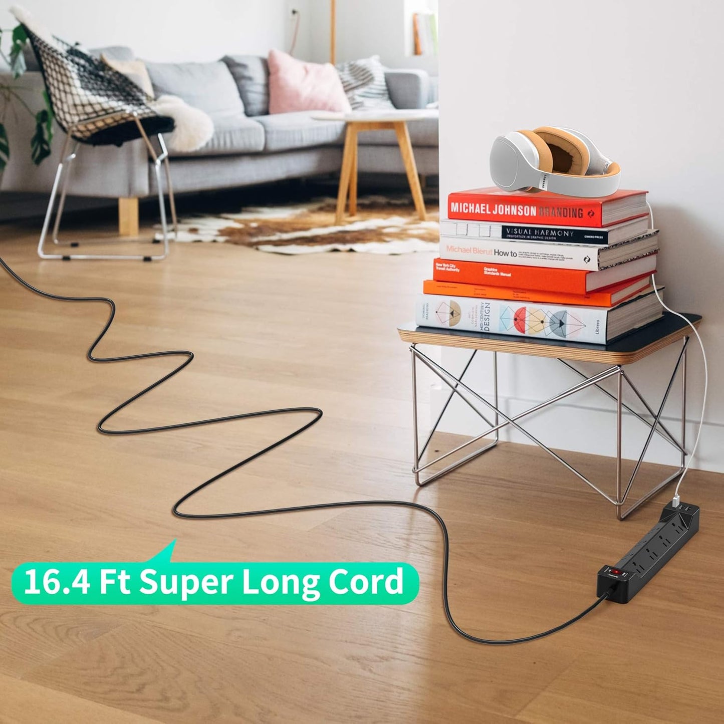 16.5FT Power Strip Surge Protector Flat Plug with USB, 7 Wide Spaced Outlets 3 USB Ports Mountable Extension Cord Charging Station, Overload Protection for Home Office Hotel Dorm, Black
