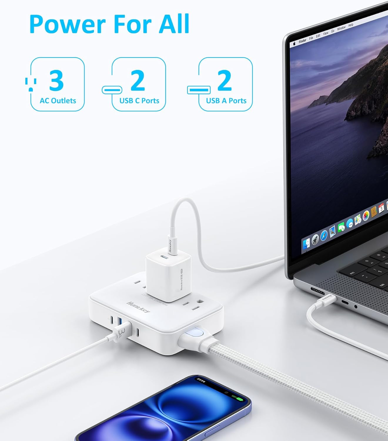 Easycombo Travel Detachable Power Strip - 3 Outlets, Cruise Approved, No Surge Protection, Detachable Cord (Not Included), 4 USB Ports (2 USB-C, 2 USB-A), Power Cord Sold Separately