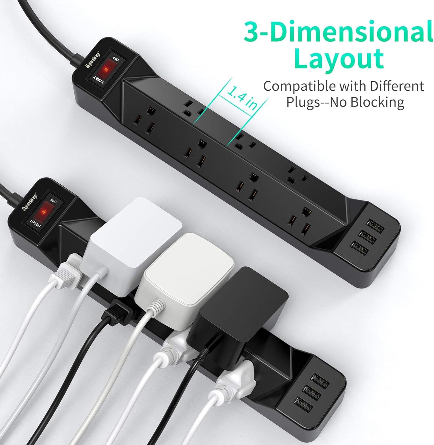 16.5FT Power Strip Surge Protector Flat Plug with USB, 7 Wide Spaced Outlets 3 USB Ports Mountable Extension Cord Charging Station, Overload Protection for Home Office Hotel Dorm, Black