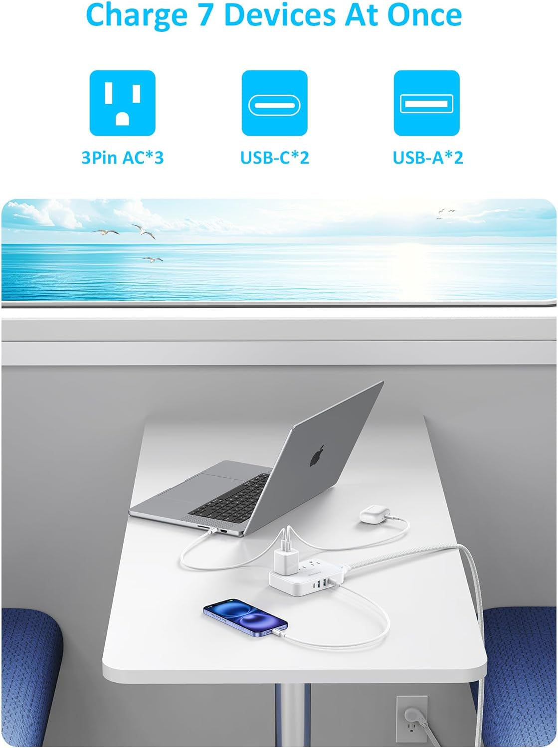 Easycombo Travel Detachable Power Strip - 3 Outlets, Cruise Approved, No Surge Protection, Detachable Cord (Not Included), 4 USB Ports (2 USB-C, 2 USB-A), Power Cord Sold Separately