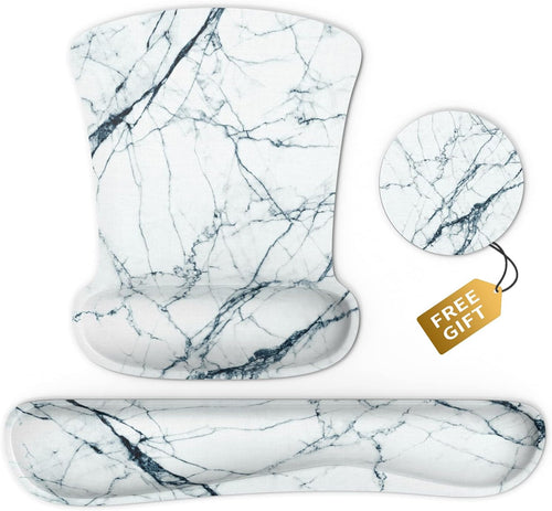 Wrist Rest Support Ergonomic Mouse Pad & Keyboard Set Memory Foam Non-Slip Rubber Base Cute Mouse Mat Coaster for Home,Computer,Office Easy Typing and Relieve Wrist Pain - White Marble