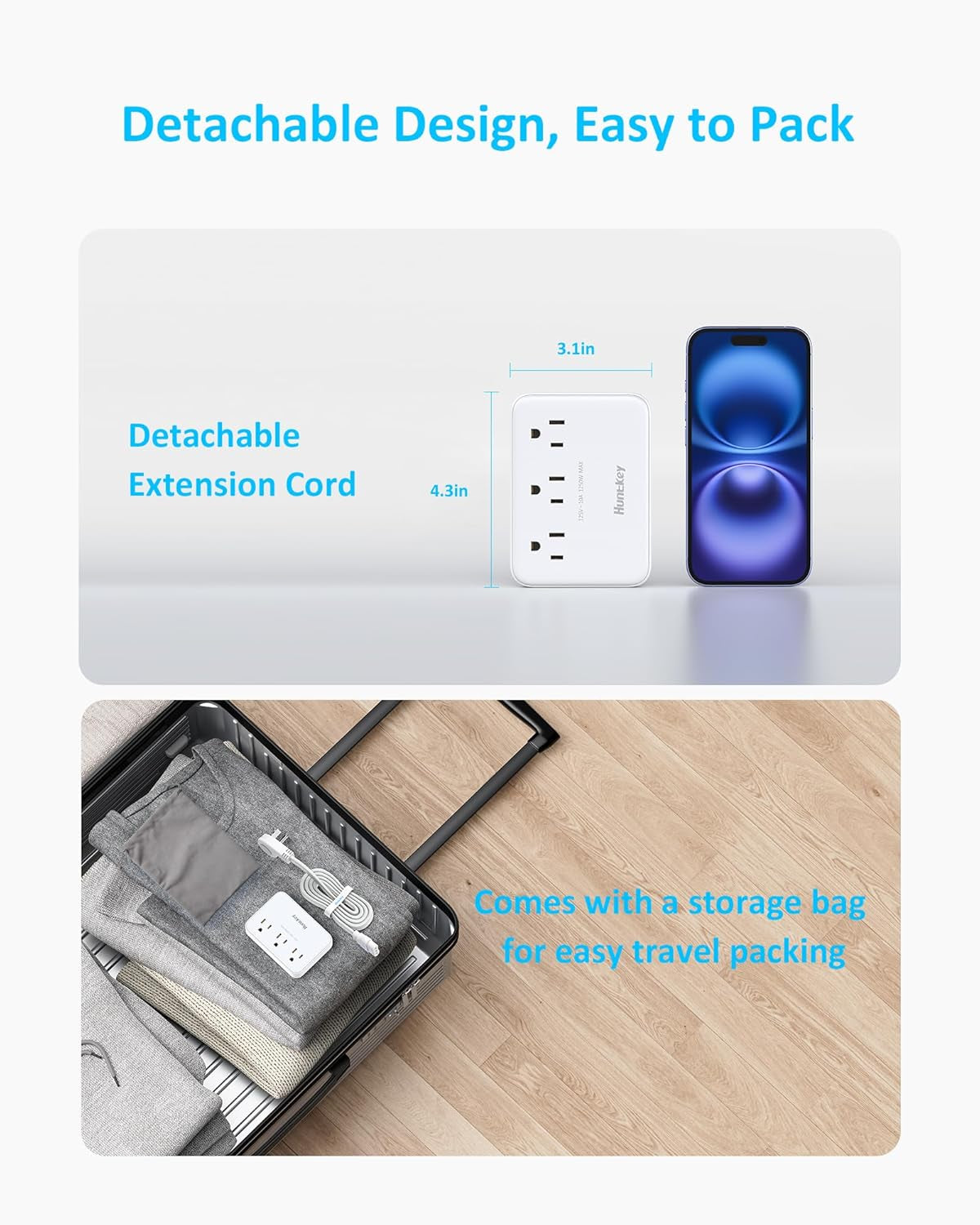 Easycombo Travel Detachable Power Strip - 3 Outlets, Cruise Approved, No Surge Protection, Detachable Cord (Not Included), 4 USB Ports (2 USB-C, 2 USB-A), Power Cord Sold Separately