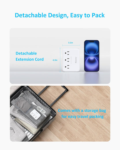 Easycombo Travel Detachable Power Strip - 3 Outlets, Cruise Approved, No Surge Protection, Detachable Cord (Not Included), 4 USB Ports (2 USB-C, 2 USB-A), Power Cord Sold Separately