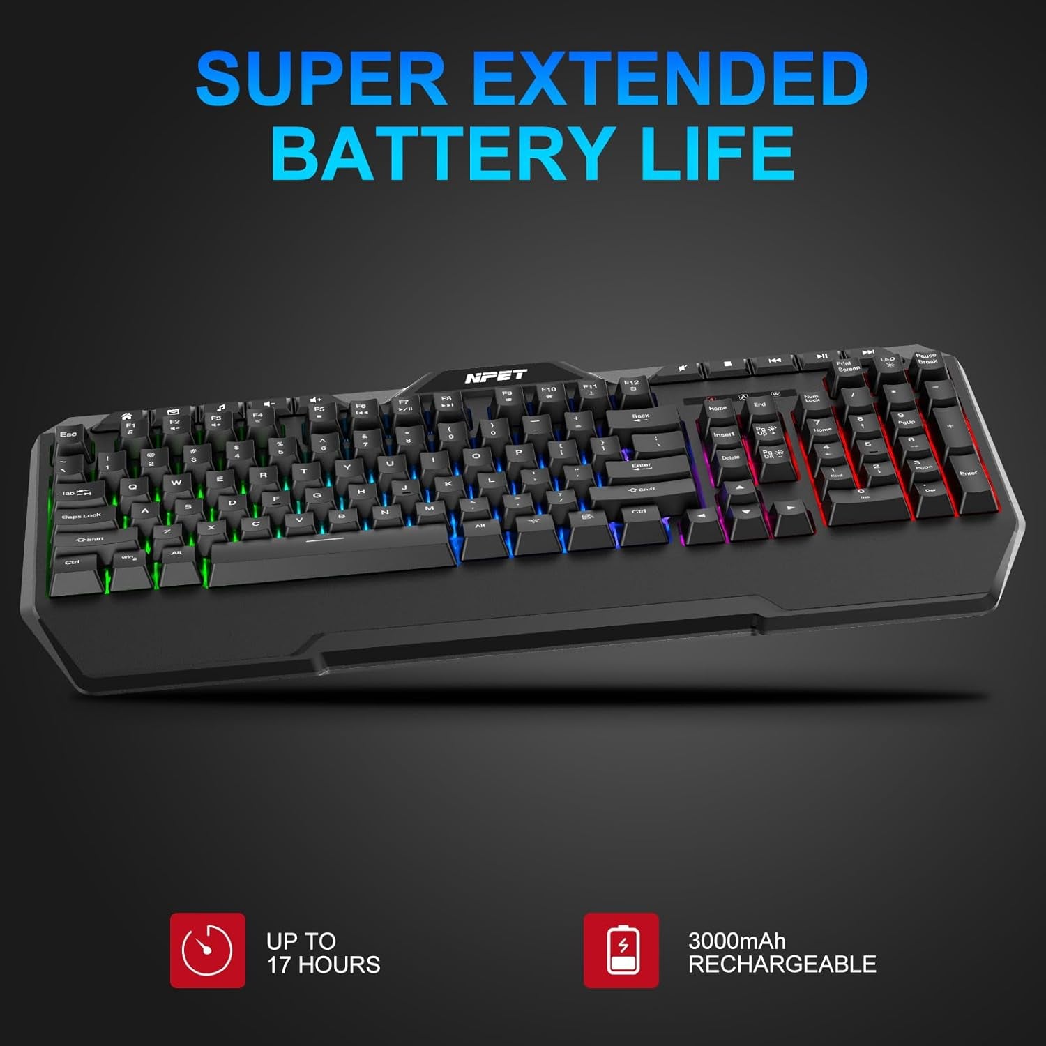 K32 Wireless Gaming Keyboard RGB with Wrist Rest - Long-Lasting Rechargeable Battery - Quick and Quiet Typing - Water Resistant Backlit Wireless Keyboard for PC PS5 PS4 Xbox One Mac - Black