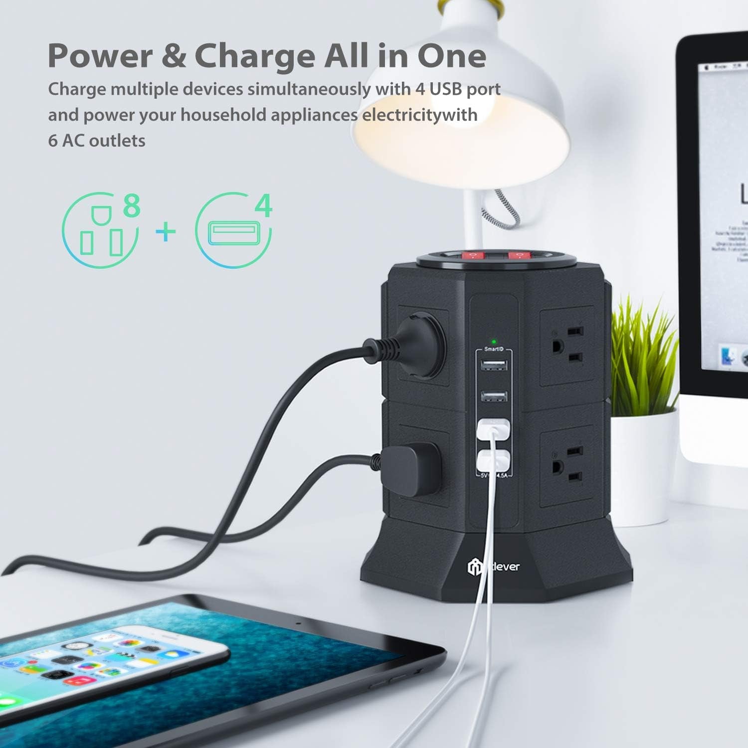 Power Strip Tower Gaming Surge Protector -  8 AC Outlets 4.5A 4 USB Ports Desktop Charging Station with 10Ft Extension Cord for PC Laptops Iphone Mobile Device Home Office (Black)