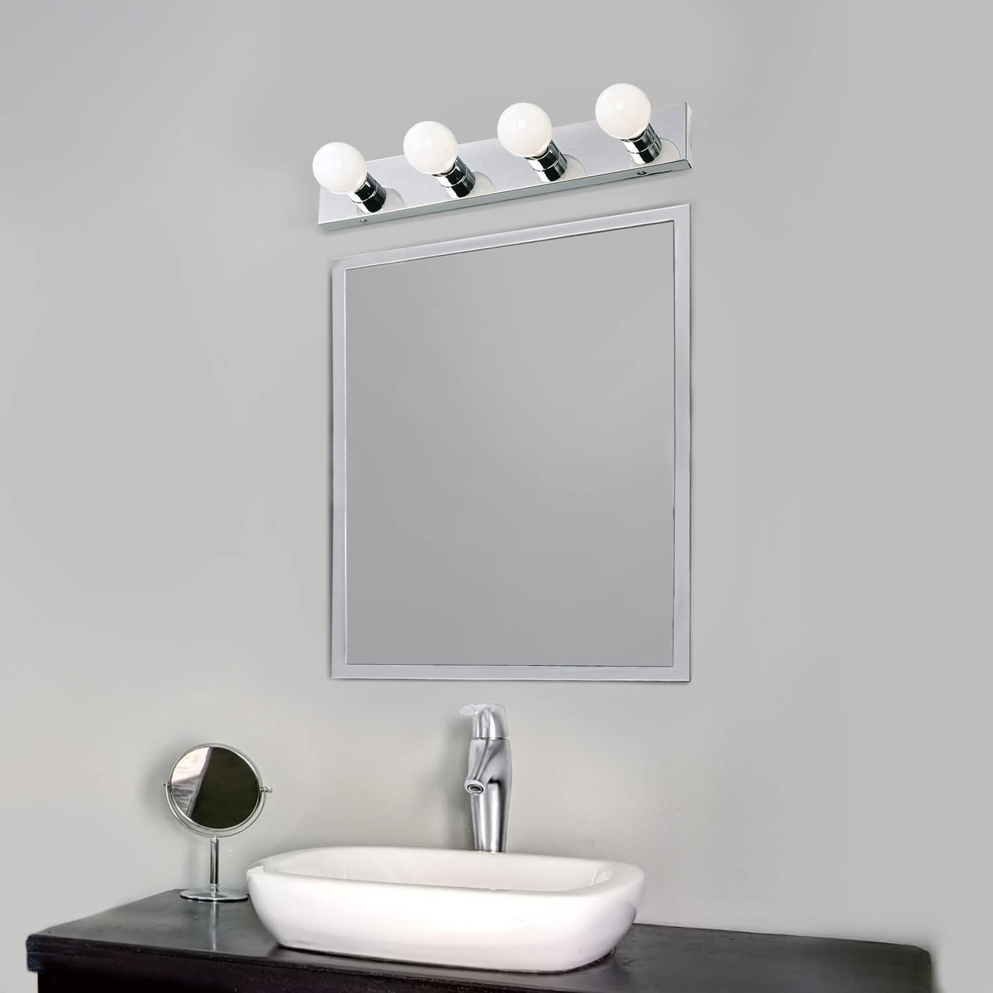 Vanity Lighting, Steel Construction, 4 Vanity Lights, Dimmable, Uses Four 60W Bulbs, Polished Chrome, 24.0 In. W X 4.3 In. H X 2.0 In. D, 500892