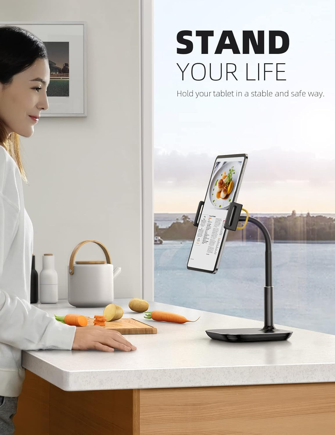Tablet Stand Holder, Gooseneck Tablet Mount - 2.5Lb Heavy Duty Base Adjustable Desktop Stand with 360 Degree Rotating for 4.7-13" Tablet, Ipad Pro 12.9 Air Mini, Fire, Kindle, Tabs, Black