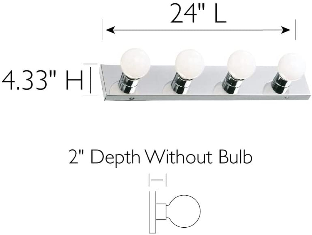 Vanity Lighting, Steel Construction, 4 Vanity Lights, Dimmable, Uses Four 60W Bulbs, Polished Chrome, 24.0 In. W X 4.3 In. H X 2.0 In. D, 500892