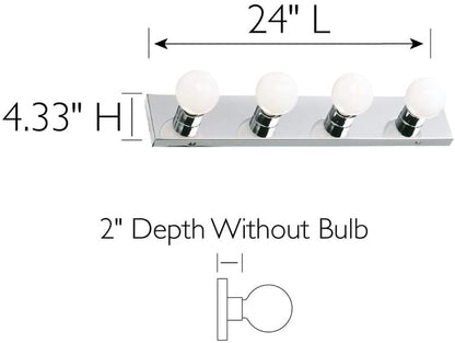 Vanity Lighting, Steel Construction, 4 Vanity Lights, Dimmable, Uses Four 60W Bulbs, Polished Chrome, 24.0 In. W X 4.3 In. H X 2.0 In. D, 500892