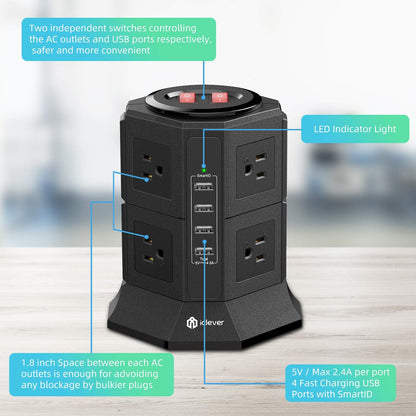 Power Strip Tower Gaming Surge Protector -  8 AC Outlets 4.5A 4 USB Ports Desktop Charging Station with 10Ft Extension Cord for PC Laptops Iphone Mobile Device Home Office (Black)