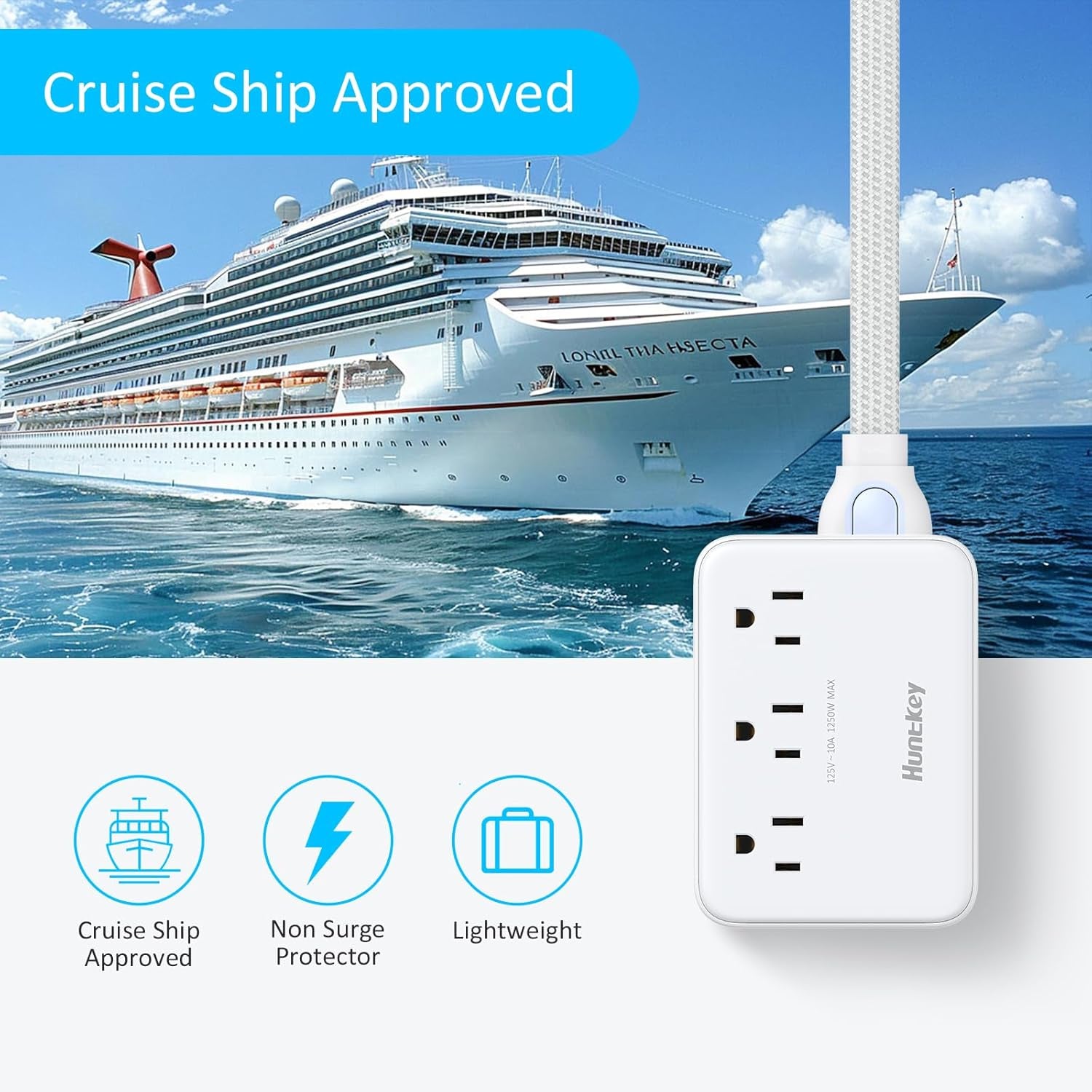 Easycombo Travel Detachable Power Strip - 3 Outlets, Cruise Approved, No Surge Protection, Detachable Cord (Not Included), 4 USB Ports (2 USB-C, 2 USB-A), Power Cord Sold Separately