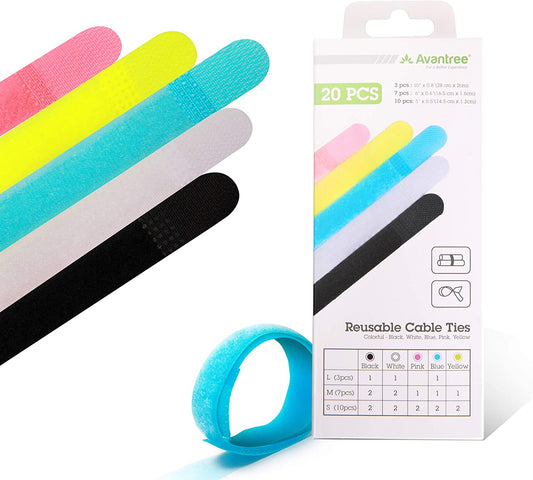 Pack of 20 Reusable Cord Organizer Keeper Holder, Fastening Cable Ties Straps for Earbud Headphones Phones Electronics Electrical Computer PC Wire Wrap Management, Assorted 3 Size and 5 Color